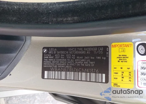 2006 BMW 530I from USA, damaged, VIN WBANE73576CM41376